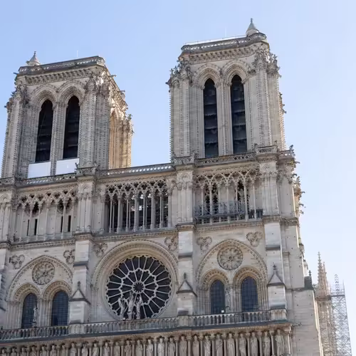 The two towers and the rose window on the façade of Notre-Dame de Paris.