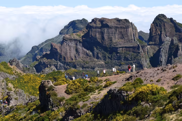 Hikers exploring the dramatic rocky mountain trail between Pico Ruivo and Pico do Areeiro in Madeira, surrounded by volcanic cliffs, yellow wildflowers, and misty clouds during a guided hiking tour.