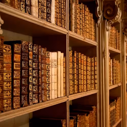 Os livros históricos enchem as prateleiras ornamentadas da Biblioteca do Palácio Nacional de Mafra, uma atração cultural imperdível na região de Lisboa, Portugal.