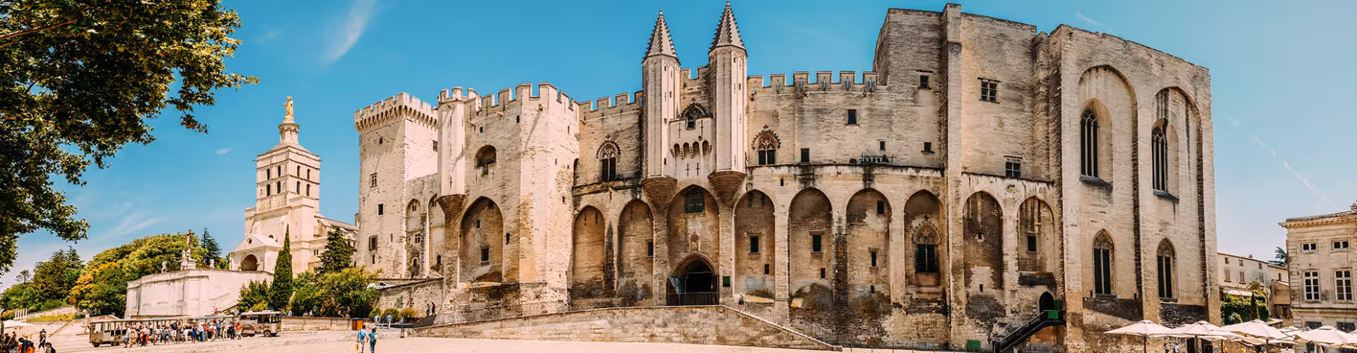 Majestic view of the historic Palais des Papes in Avignon, showcasing medieval architecture under a clear blue sky.