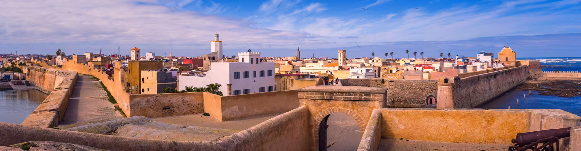 Panoramic view of El Jadida’s UNESCO-listed Portuguese City (Cité Portugaise) ramparts and Atlantic coastline in Morocco.