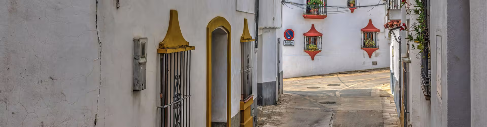 Charming narrow street in Gaucín, Spain, showcasing traditional whitewashed buildings with colorful window boxes and rustic architectural details.