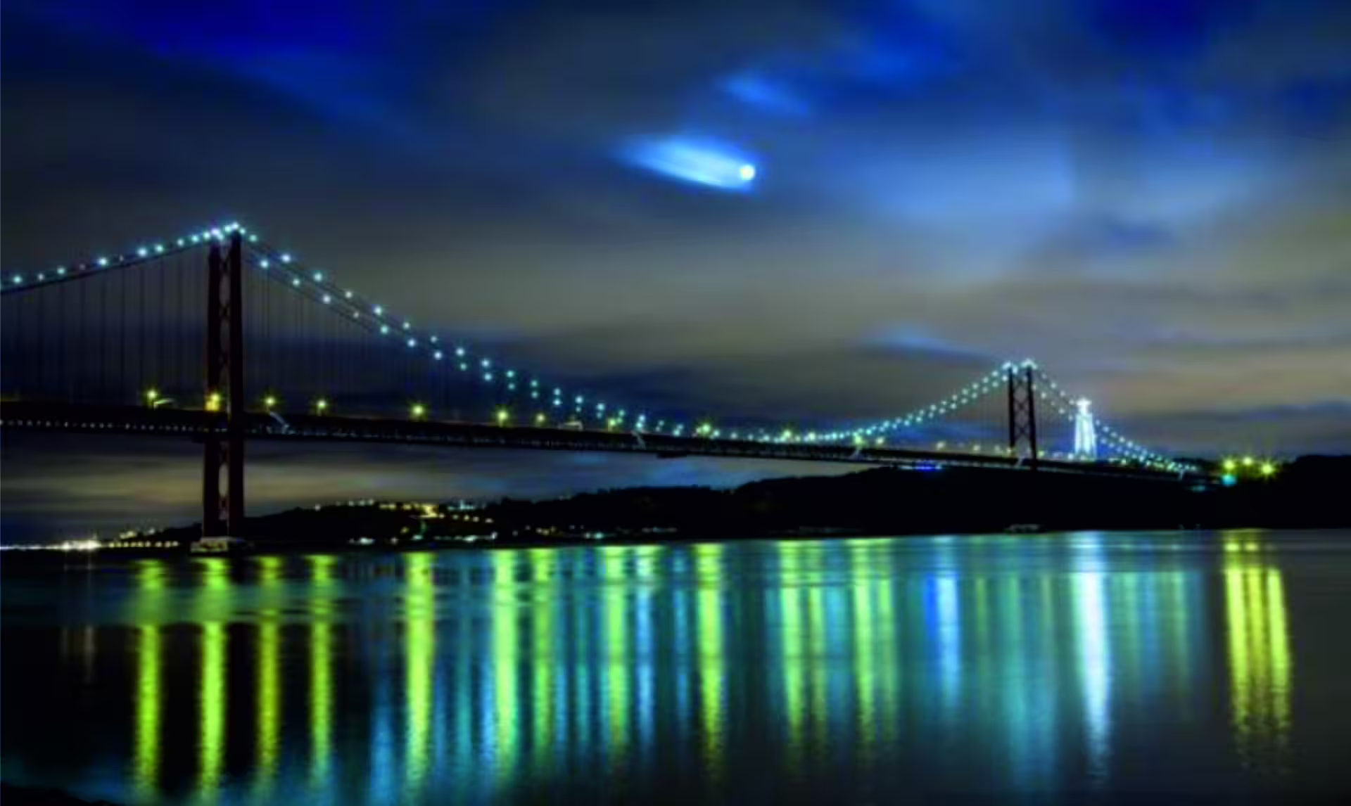25 de Abril Bridge illuminated at night on a Lisbon Tagus River cruise with city lights shimmering on water