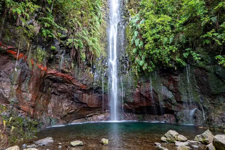 Majestic waterfall surrounded by vibrant greenery on the 25 Fontes & Risco Levada self-guided hiking route.
