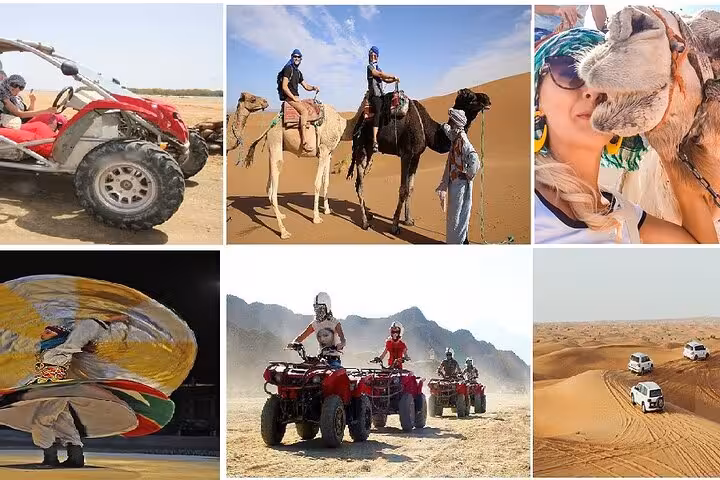 Super safari collage with ATV buggy ride, camel trekking, desert jeep safari, and traditional show with BBQ dinner