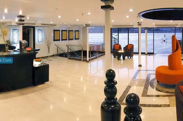 Modern lobby with Nile River view on 5-star deluxe Nile cruise, private 5-day Luxor to Aswan itinerary