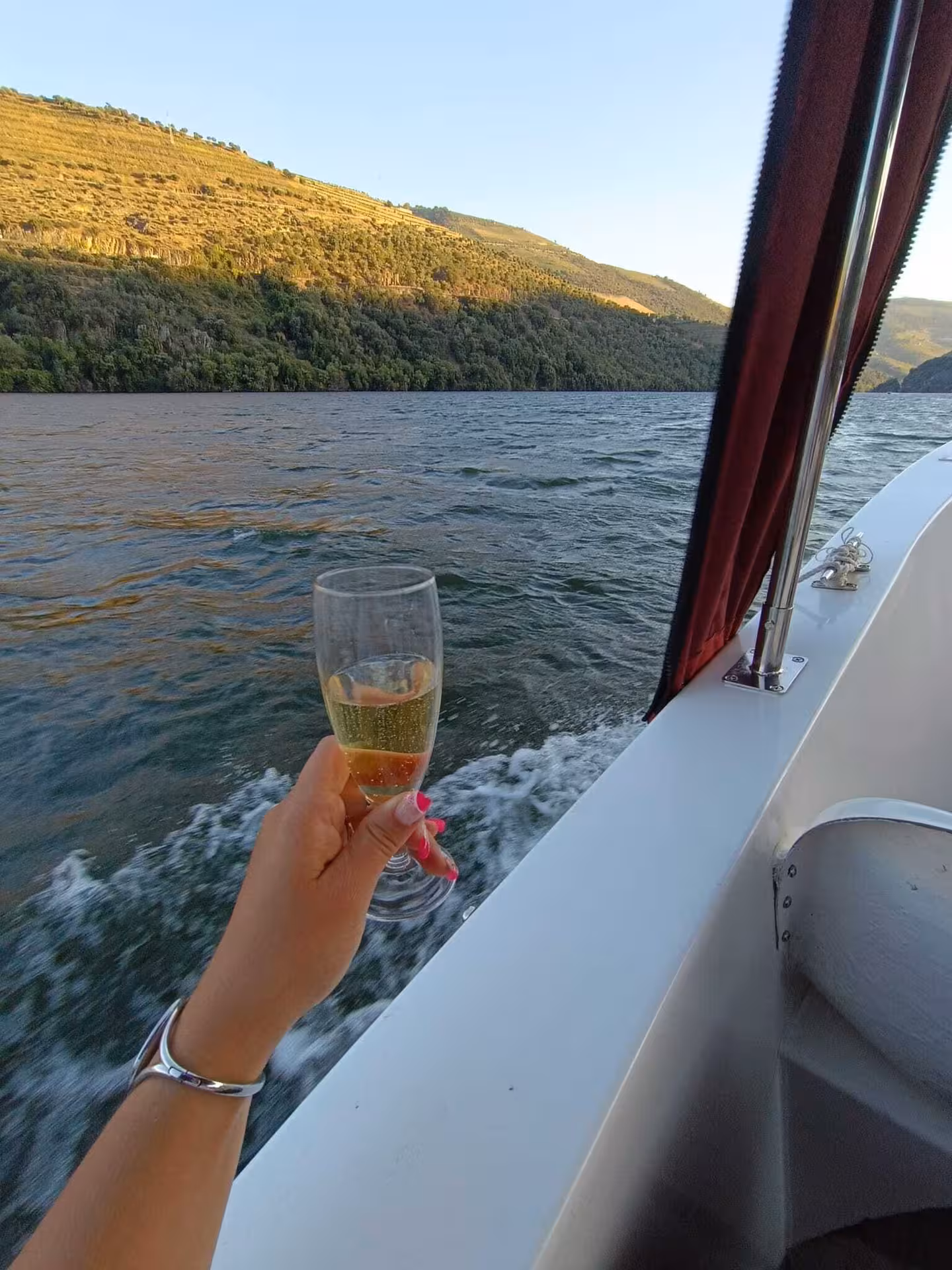 Hand holding a champagne glass on a Douro River sunset boat tour from Pinhão with terraced vineyard hillsides and sparkling river wake behind