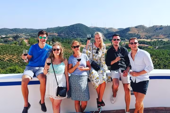 Happy group enjoying wine tasting with panoramic Algarve hills view on Albufeira boutique winery tour near Silves