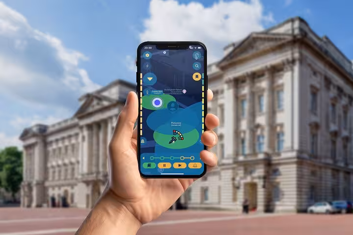 James Bond self-guided app game displayed on phone with Buckingham Palace landmark in the background