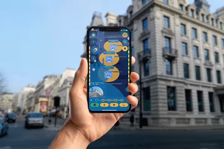 Interactive James Bond London walking tour app showing city landmarks map on a smartphone screen