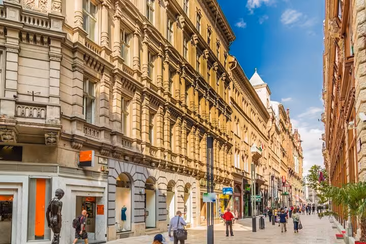Historic Budapest pedestrian street with grand architecture perfect for a self-guided detective mystery walking tour