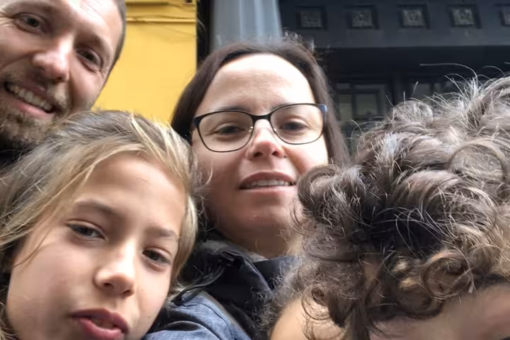 Happy family taking a selfie during the Budapest self-guided walking tour detective mystery quest adventure.