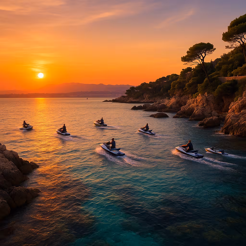Two people riding a jet ski at sunset near Lerins Islands, Cannes, with golden sky and mountains