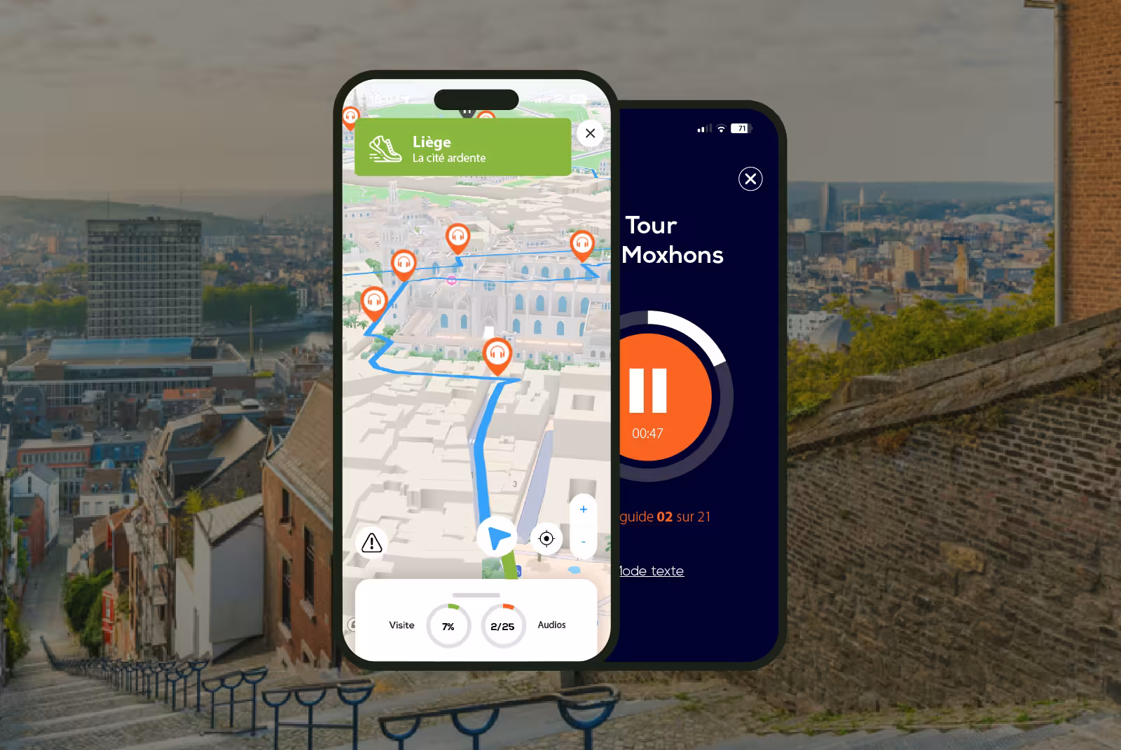 Liège audioguide mobile application interface on smartphone with a panorama of the city from the Citadel in the background.