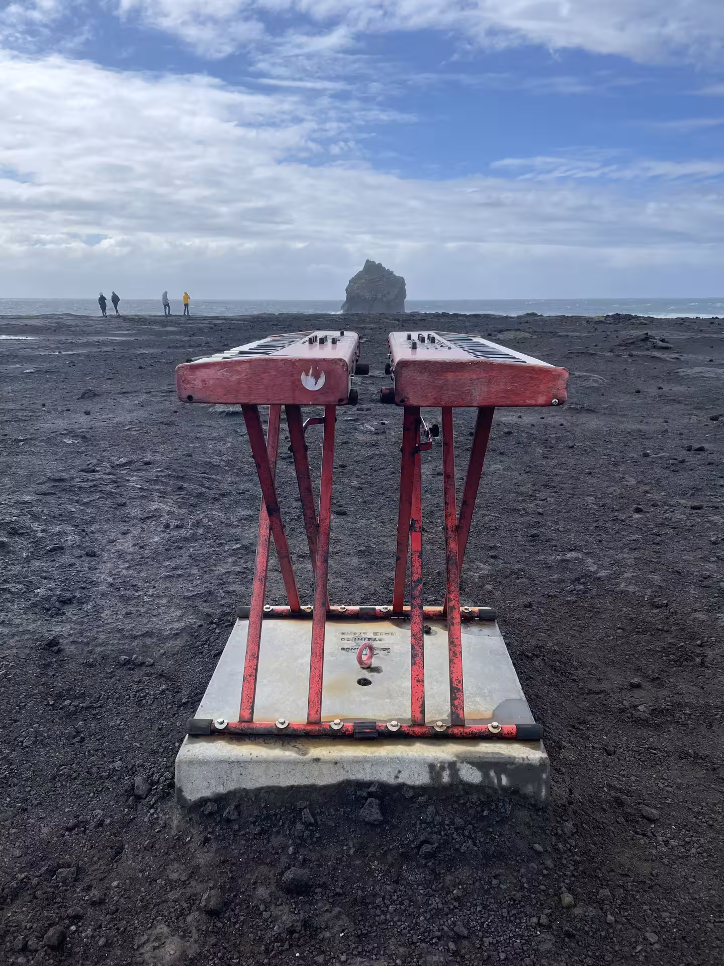 Volcano sledding board with red metal frame on black lava field, Reykjanes Peninsula Iceland