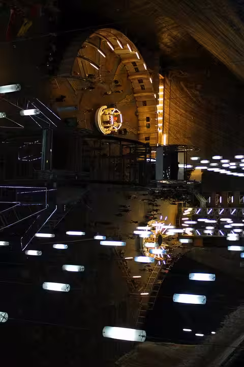 Illuminated underground chambers of Turda Salt Mine with glowing cylindrical lights and visitors exploring