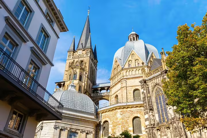 Close-up of Aachen Cathedral domes and towers, landmark for Aachen scavenger hunt self-guided city tour