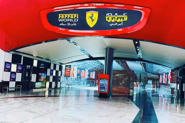 Ferrari World Abu Dhabi entrance on Yas Island, included in Abu Dhabi city tour with Ferrari World ticket