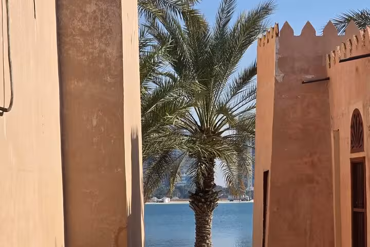 Palm tree framed by traditional fort walls and sea views in Abu Dhabi, part of Ras Al Khaimah day tour