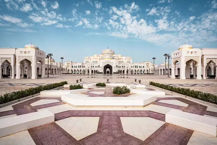 Abu Dhabi Presidential Palace courtyard view on private day trip from Dubai, grand arches and domes