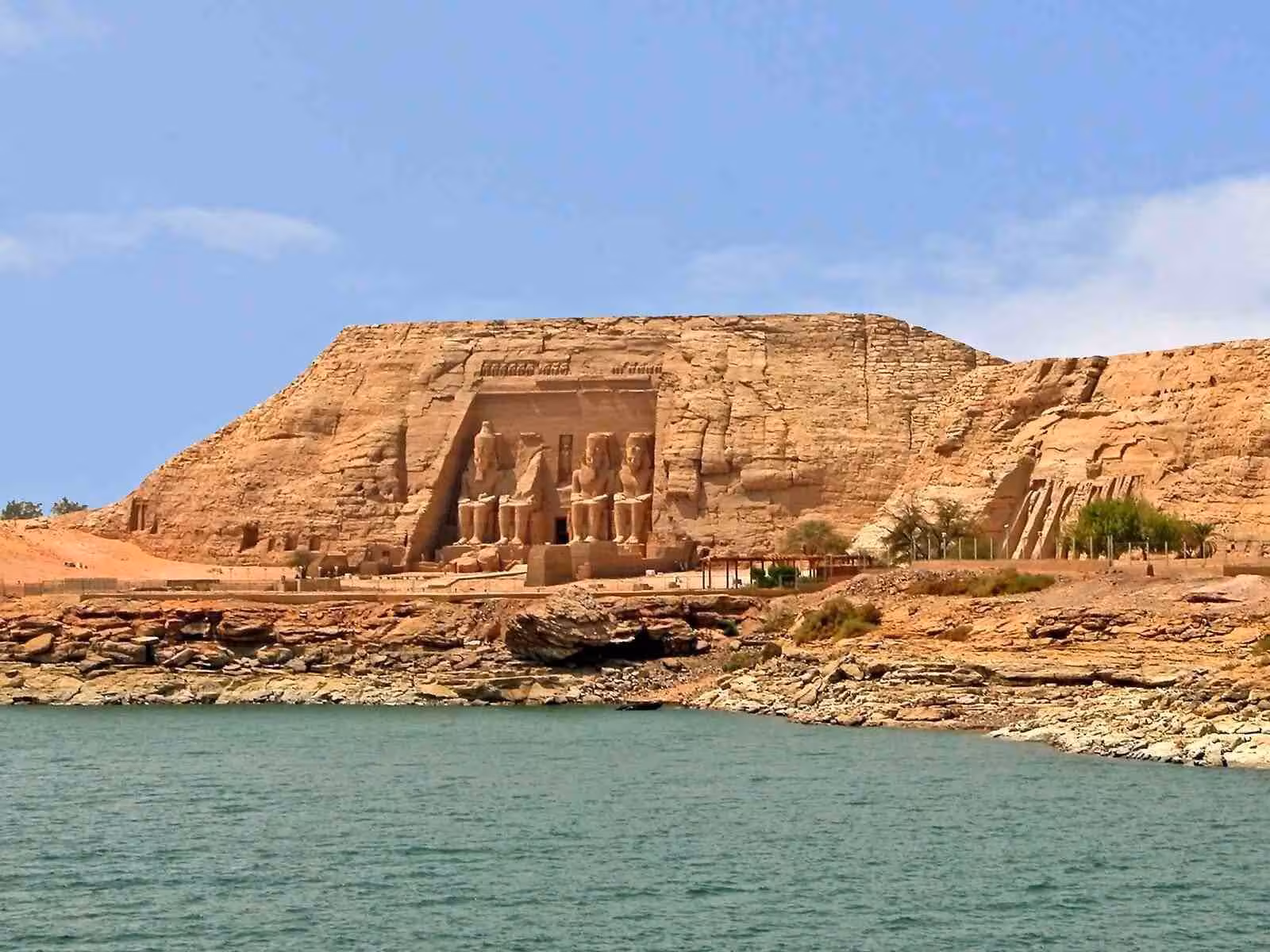 Abu Simbel temples viewed from the Nile on a 5-day dahabiya cruise itinerary from Luxor to Aswan, Egypt