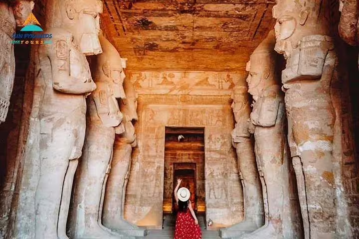 Inside Abu Simbel Great Temple hall on private tour from Aswan, guided visit with transfers included