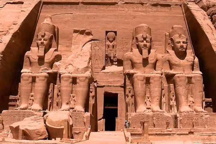 Close-up of Abu Simbel Great Temple statues on a private day trip from Aswan with hotel pickup