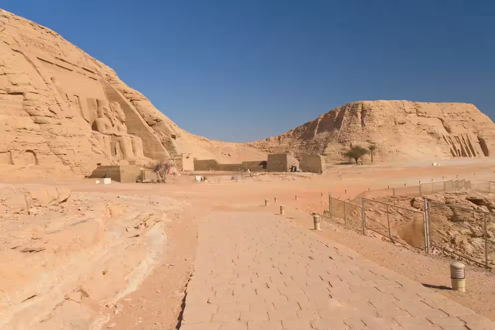 Walkway between Abu Simbel temples in Nubian desert, early morning Aswan tour with private transfer or guide