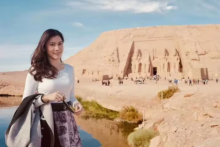 Traveler at Abu Simbel temples in Aswan, highlight of 12 day Egypt tour to Pyramids, Luxor and Hurghada