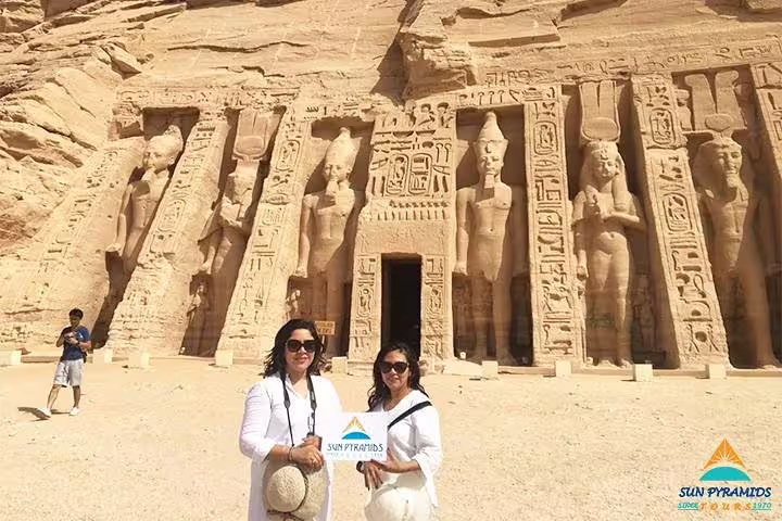 Guests at Abu Simbel temples in Aswan, highlight of 15 days 14 nights Holy Family Tour in Egypt itinerary