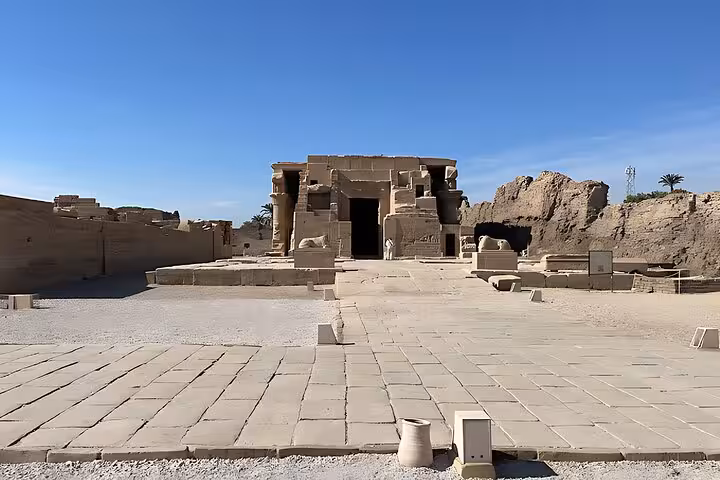 Abydos Temple courtyard and entrance ruins under blue sky, highlight of Dendera, Osireion & Abydos full-day tour from Hurghada