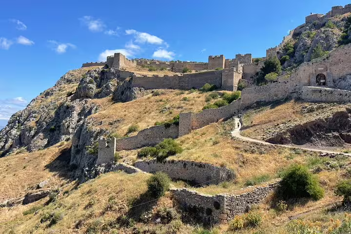 Acrocorinth fortress walls on hillside near Corinth, stop on Apostle Paul’s footsteps half-day private tour from Athens