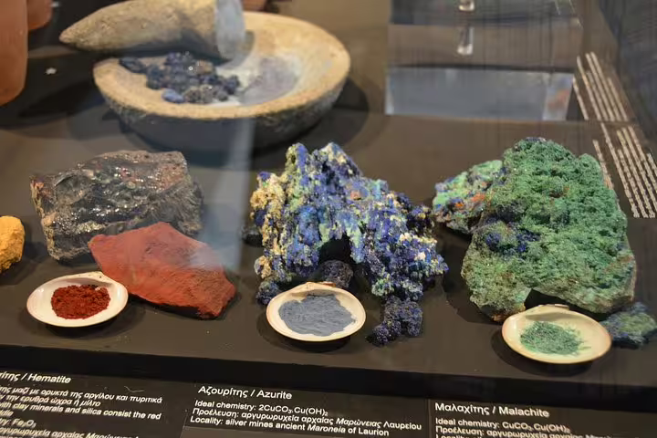 Ancient mineral pigments exhibit at the Acropolis Museum on Athens tour with Greek dinner experience