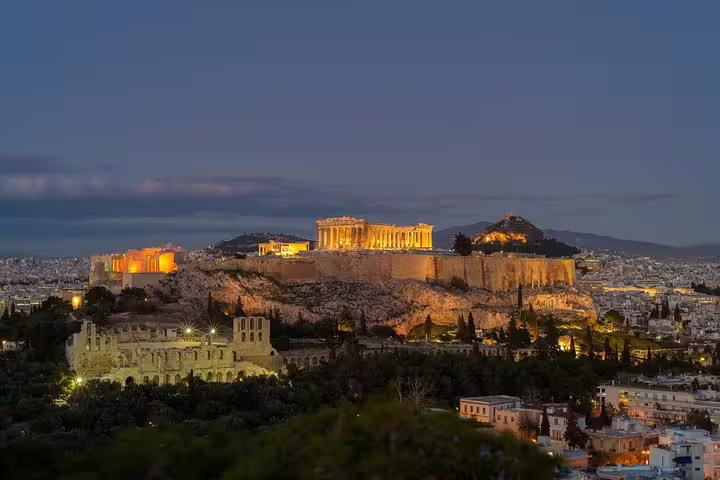 Illuminated Acropolis and Parthenon at dusk, Athens private tailor-made city tour with skip-the-line entry