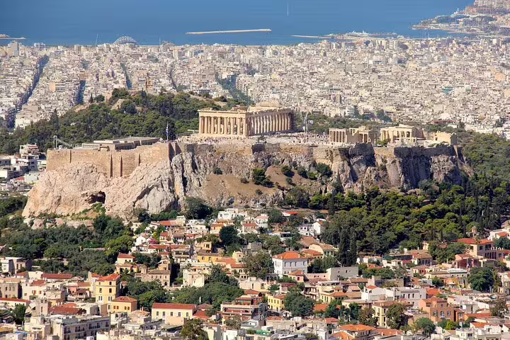 Acropolis and Parthenon panoramic view over Athens, highlight on summer day-trip along the Athenian Riviera