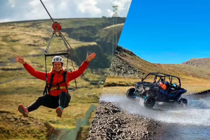 Thrilling adventure showcasing a zipline rider soaring above scenic landscapes and an off-road buggy splashing through rugged terrain.