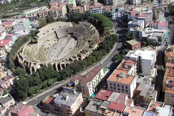 Aerial view of the ancient Roman amphitheatre in Pozzuoli near Naples, a popular stop on Sorrento Positano Pompeii shore tours