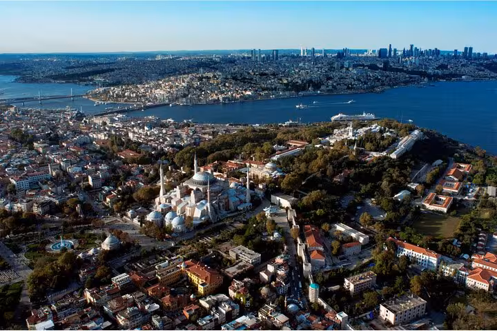Aerial view of Sultanahmet and Bosphorus, Istanbul landmarks on a 2-day private guided highlights tour