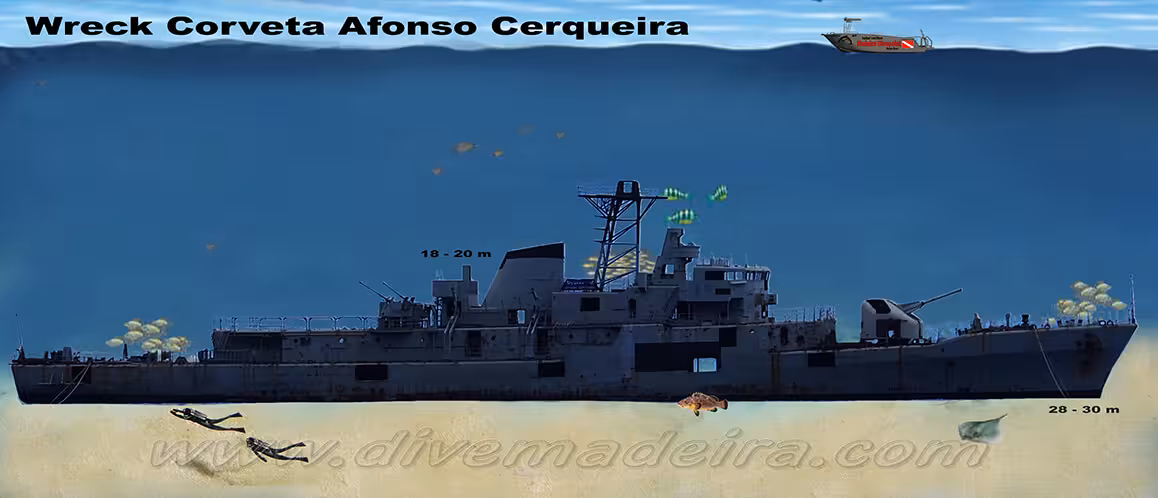 Illustration of the Afonso Cerqueira shipwreck site, ideal for certified divers exploring underwater history.