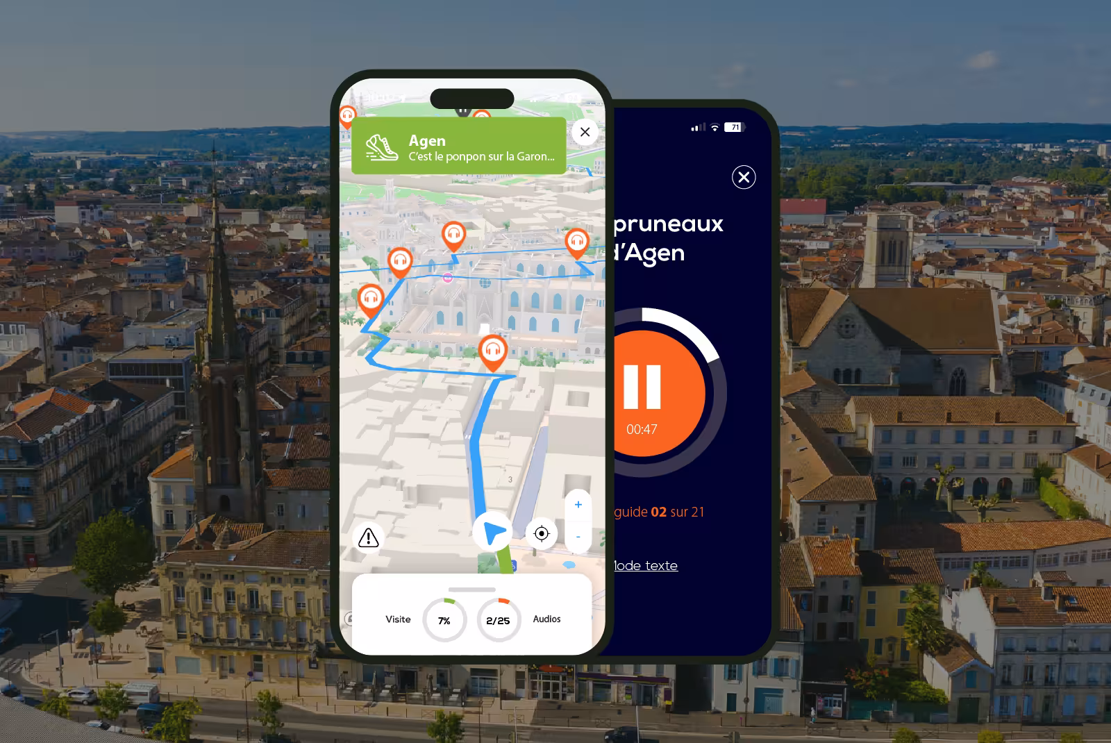 Agen audioguide mobile application interface on smartphone with the city in the background.