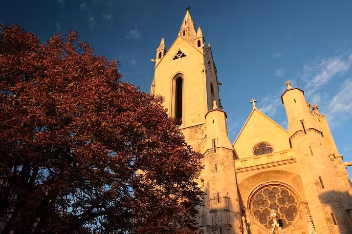 Gothic church tower and rose window bathed in golden light beside a red-leafed tree in Aix-en-Provence