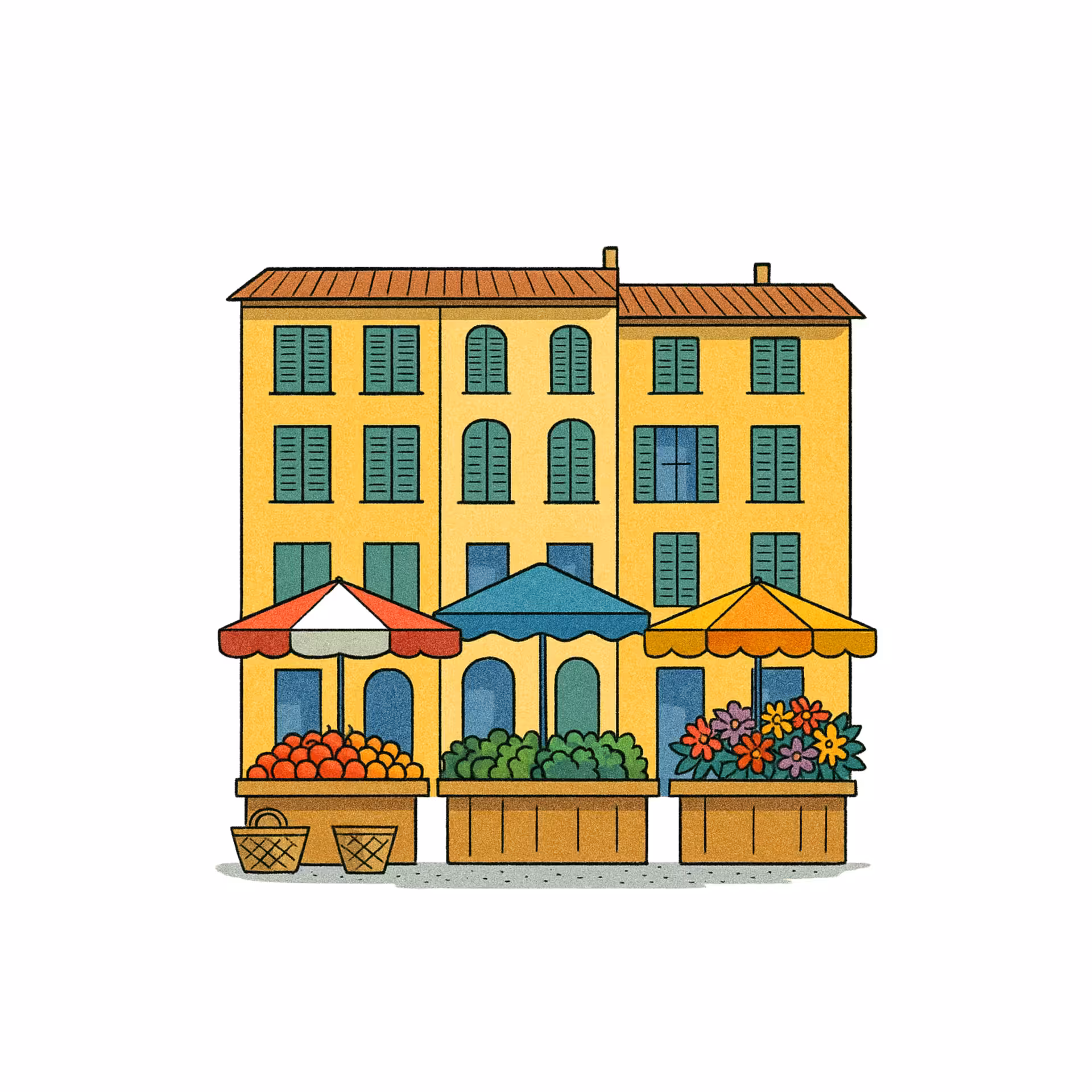 Colorful French market stalls with umbrellas selling fruits, vegetables, and flowers in front of a yellow Provençal building