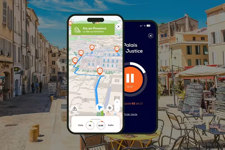 Self-guided audio tour app screens showing map and Palais de Justice stop in Aix-en-Provence