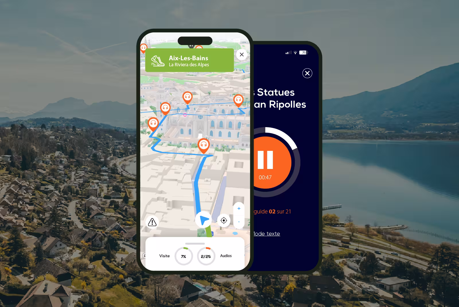 Aix-les-Bains audioguide mobile application interface on smartphone with the lake and mountains in the background.