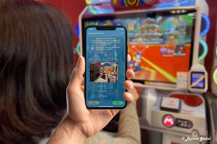 Tourist using Akihabara anime gaming tour mobile app to complete interactive challenge at arcade in Tokyo