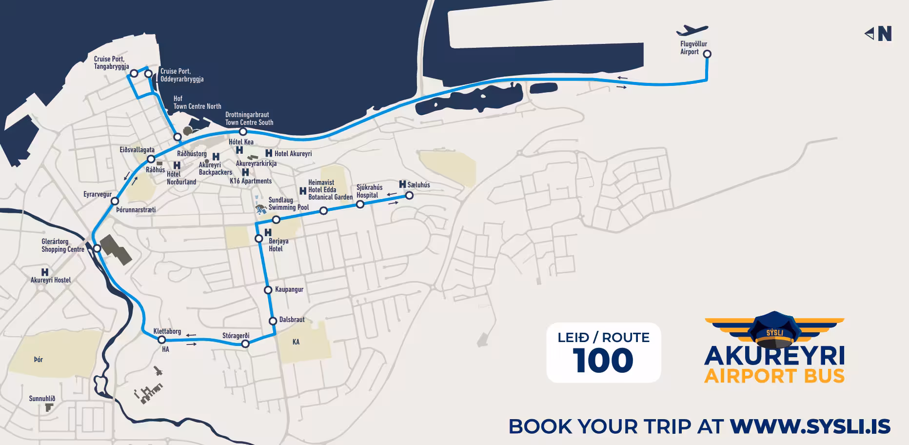 Akureyri Airport Bus Route 100 map showing stops from town centre to Akureyri Airport, Iceland