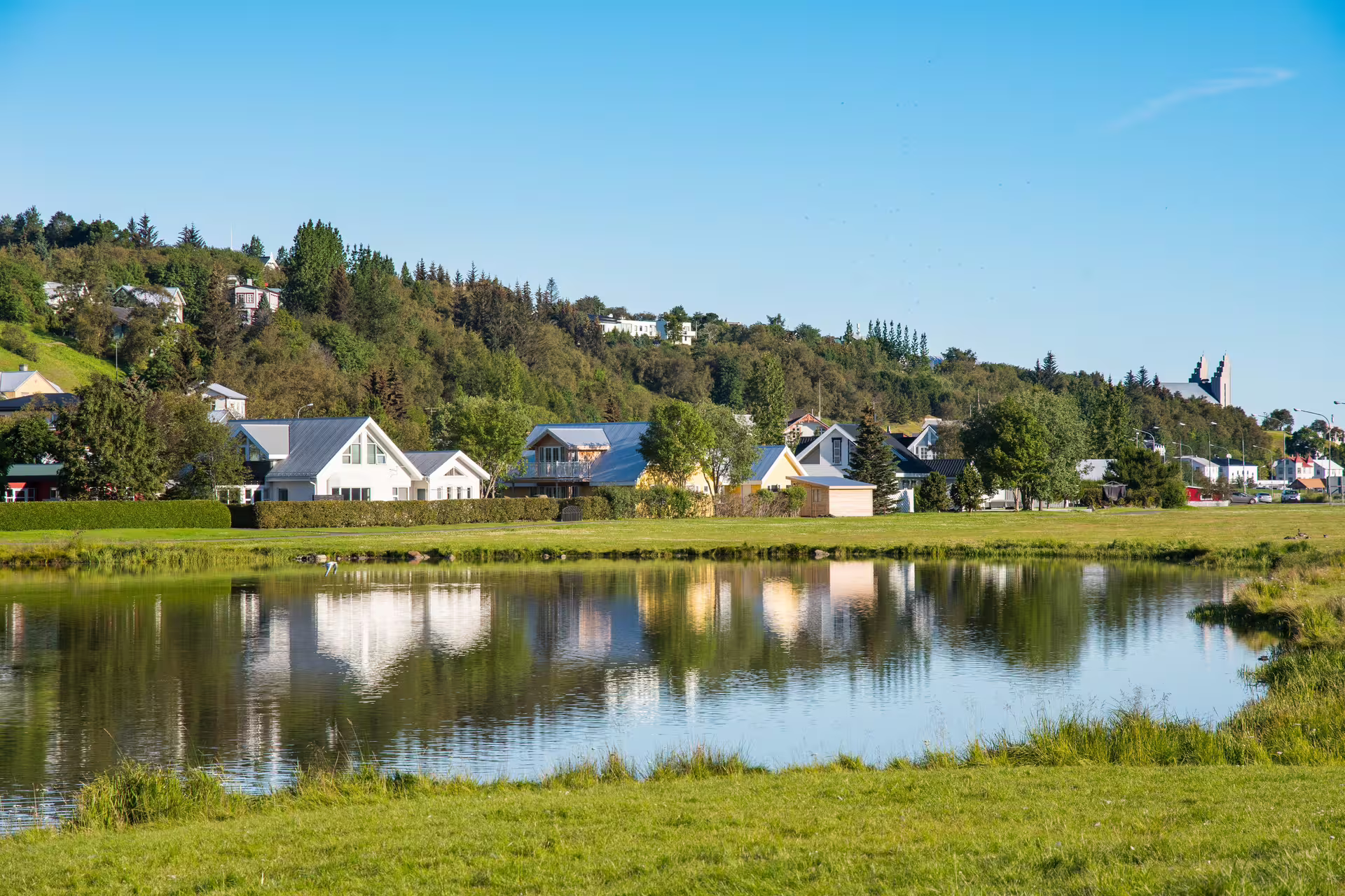 Calm lake reflecting white houses and green forested hillside in Akureyri, Iceland on a sunny day