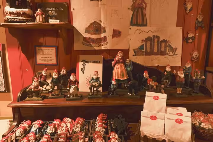 Icelandic Yule Lads gnome figurines and holiday souvenirs displayed in Akureyri Christmas shop