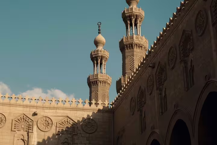Al-Azhar Mosque minarets above El-Moez Street, Islamic Cairo architecture on guided city tour