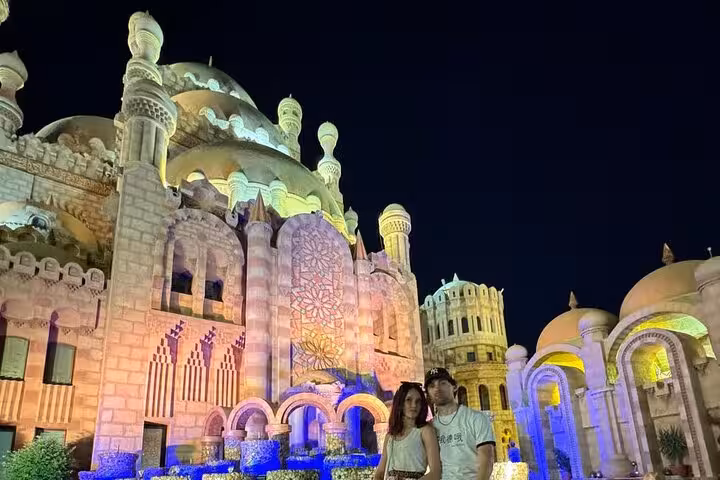 Illuminated Al Mustafa Mosque at night in Sharm El-Sheikh, a highlight stop on the guided city tour
